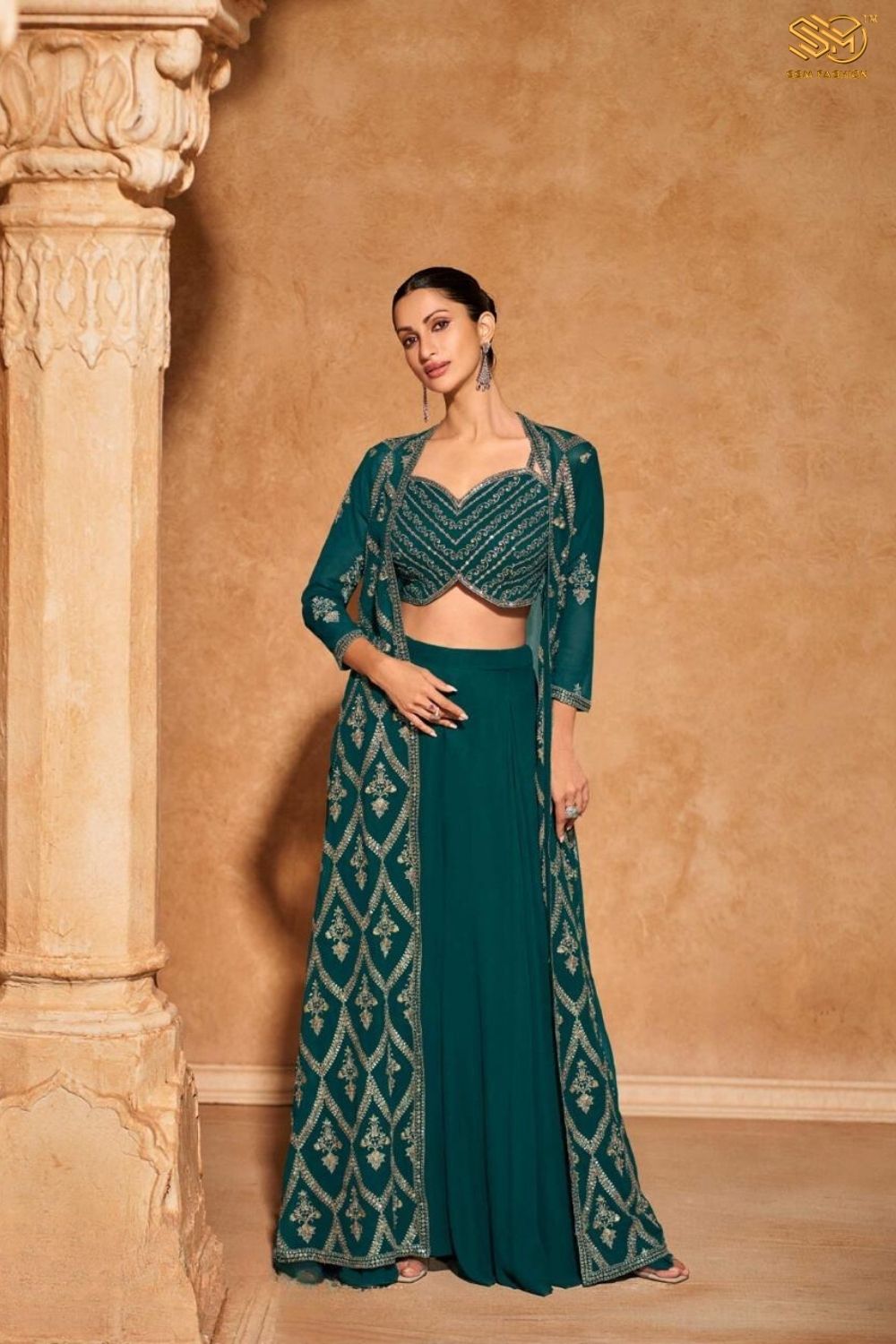 Green Georgette Designer Jacket Style Palazzo Suit