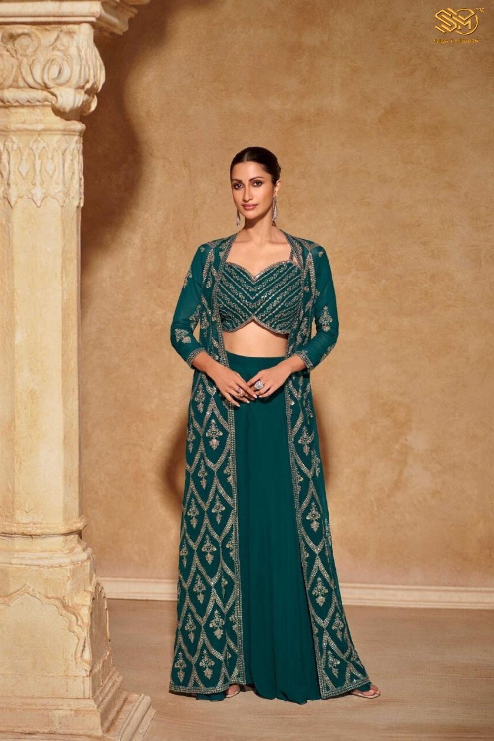 Green Georgette Designer Jacket Style Palazzo Suit