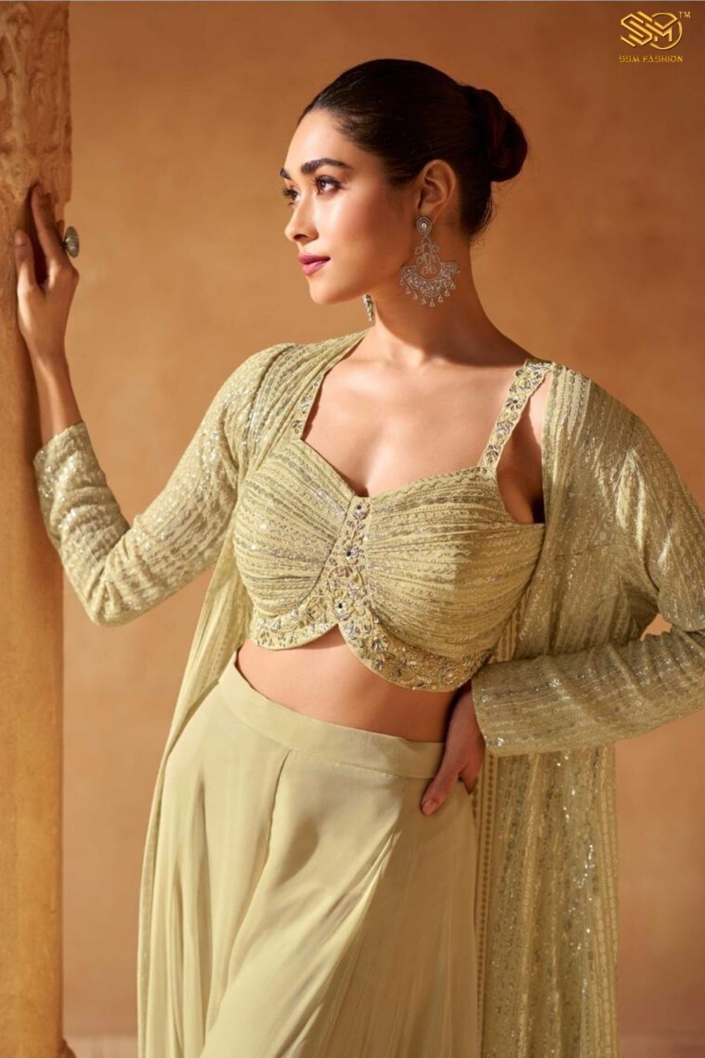 Beige Embroidered Jacket Style Palazzo Suit