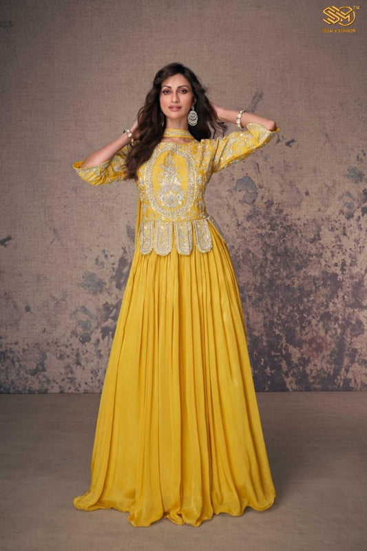 Designer Yellow Chinon Silk Anarkali Suit