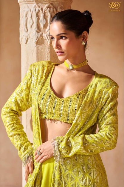 Yellow Georgette Designer Jacket Style Palazzo Suit