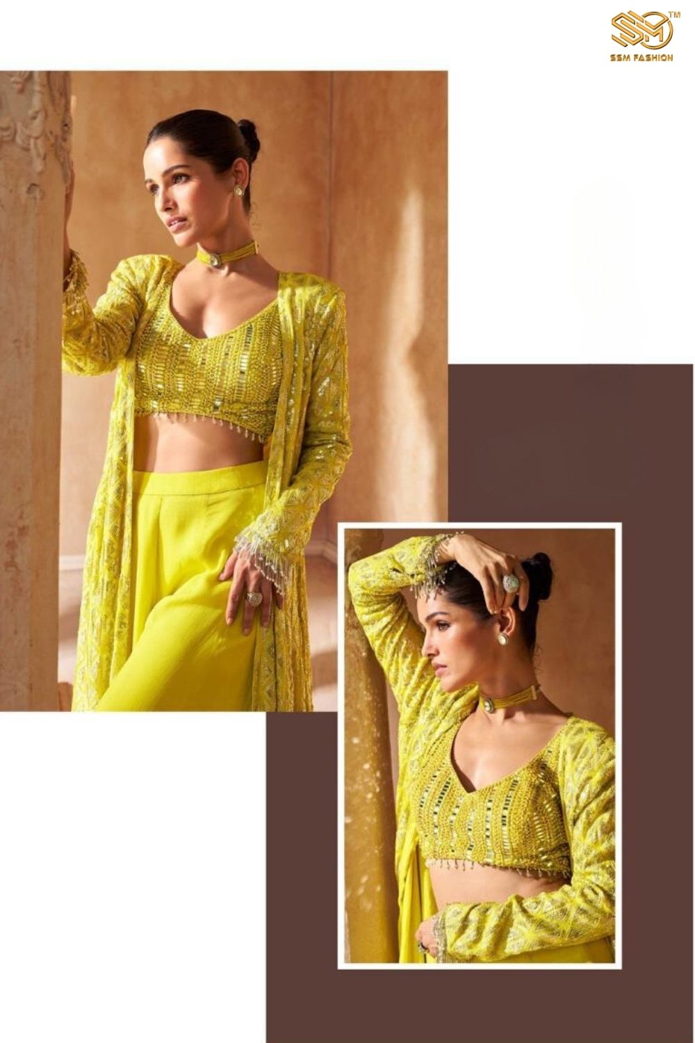 Yellow Georgette Designer Jacket Style Palazzo Suit