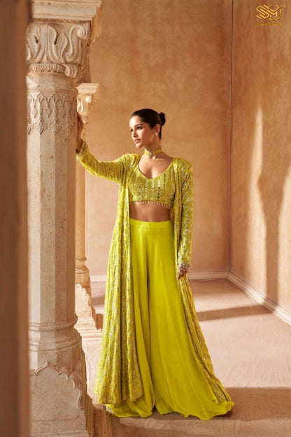 Yellow Georgette Designer Jacket Style Palazzo Suit