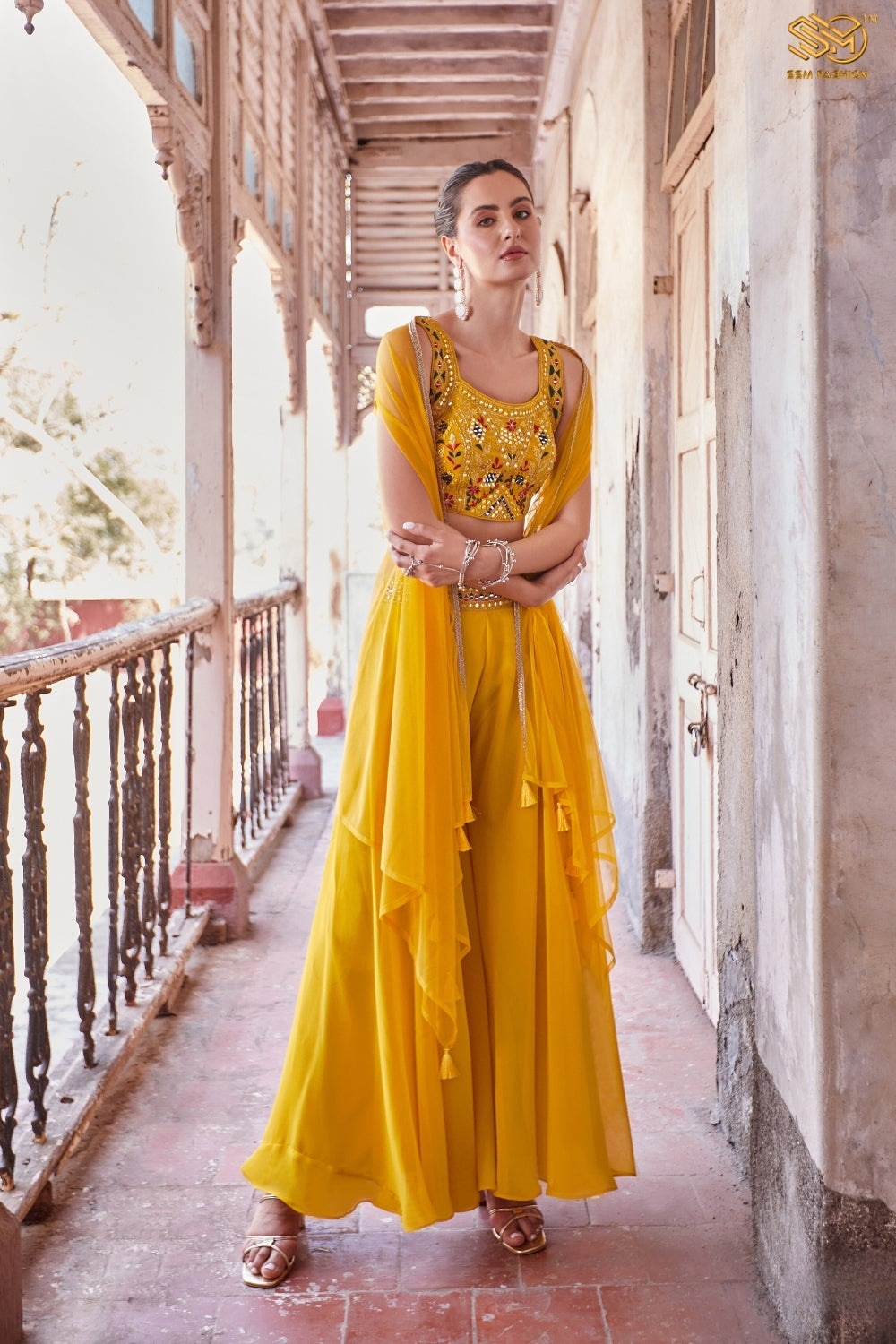 Yellow Indo-Western Stylish Hand Embroidered Cape Set