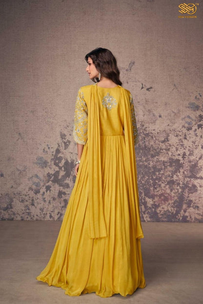 Designer Yellow Chinon Silk Anarkali Suit