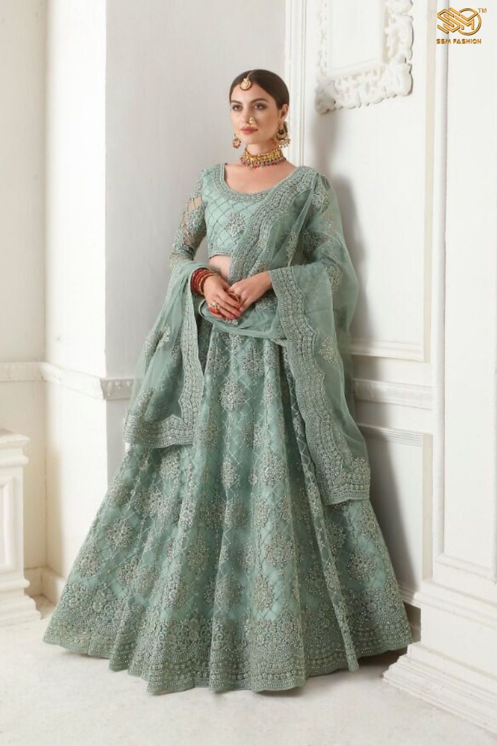 Mint green Lehenga with Cording Embroidered Blouse