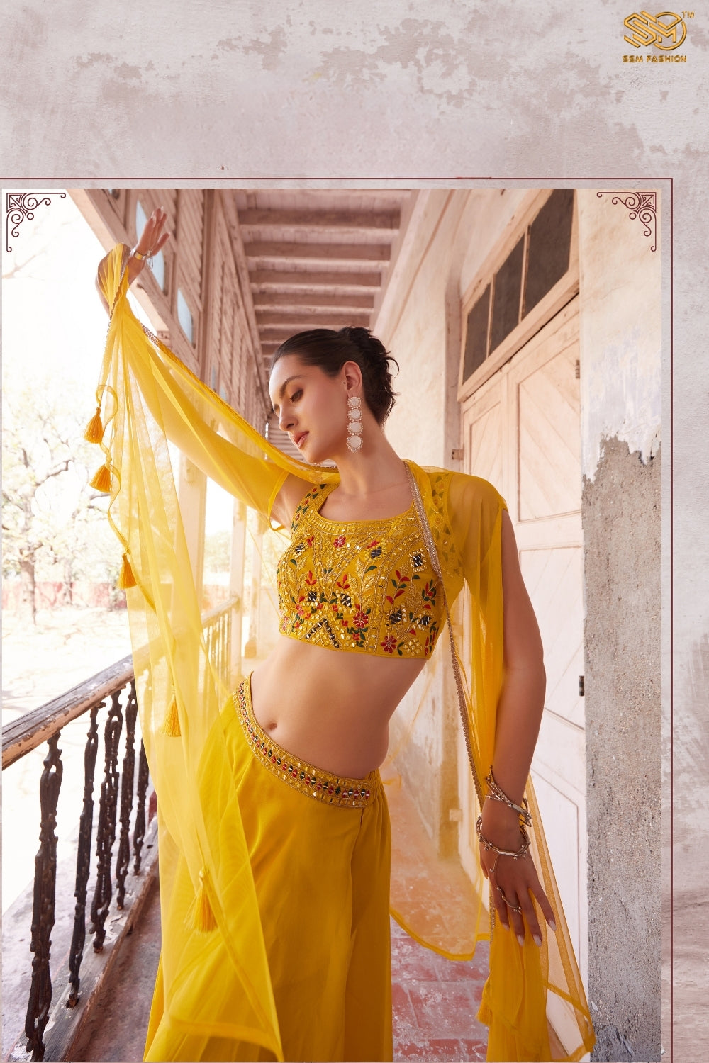 Yellow Indo-Western Stylish Hand Embroidered Cape Set