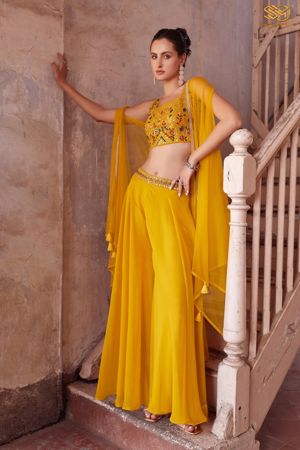 Yellow Indo-Western Stylish Hand Embroidered Cape Set