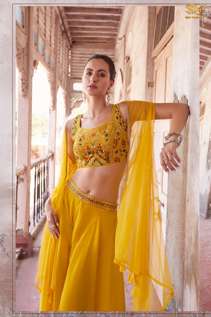 Yellow Indo-Western Stylish Hand Embroidered Cape Set