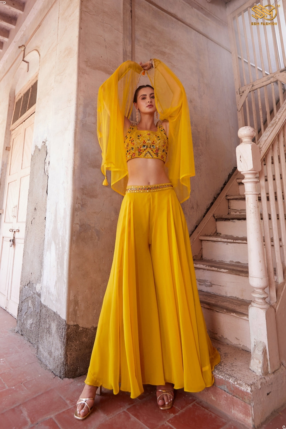 Yellow Indo-Western Stylish Hand Embroidered Cape Set