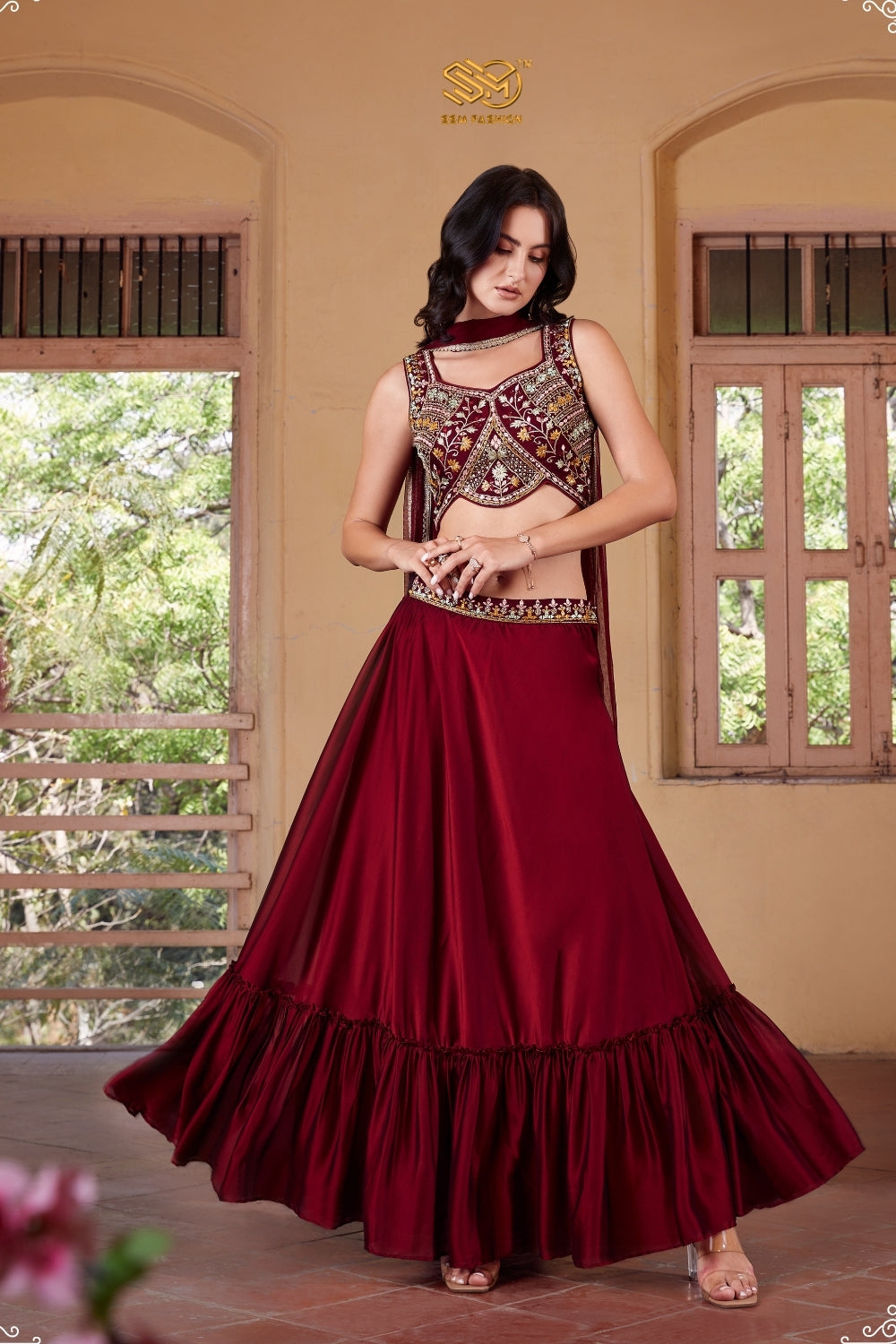 Maroon Indo-Western Lehenga Choli