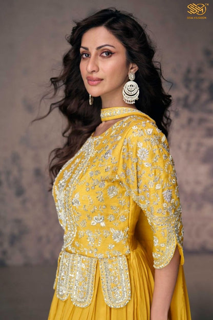 Designer Yellow Chinon Silk Anarkali Suit