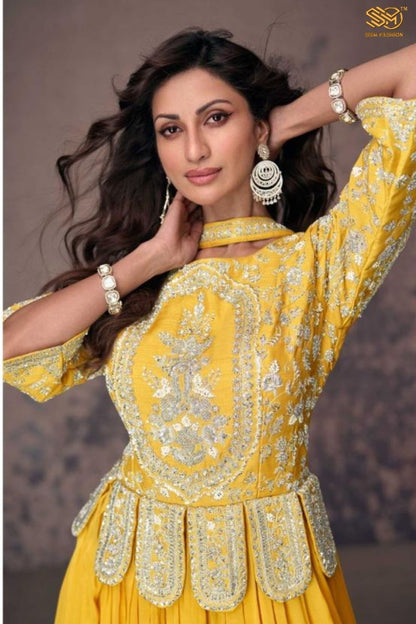 Designer Yellow Chinon Silk Anarkali Suit