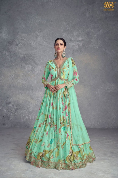 Pale Teal Designer Chinon Silk Printed Mirror Gown with Dupatta