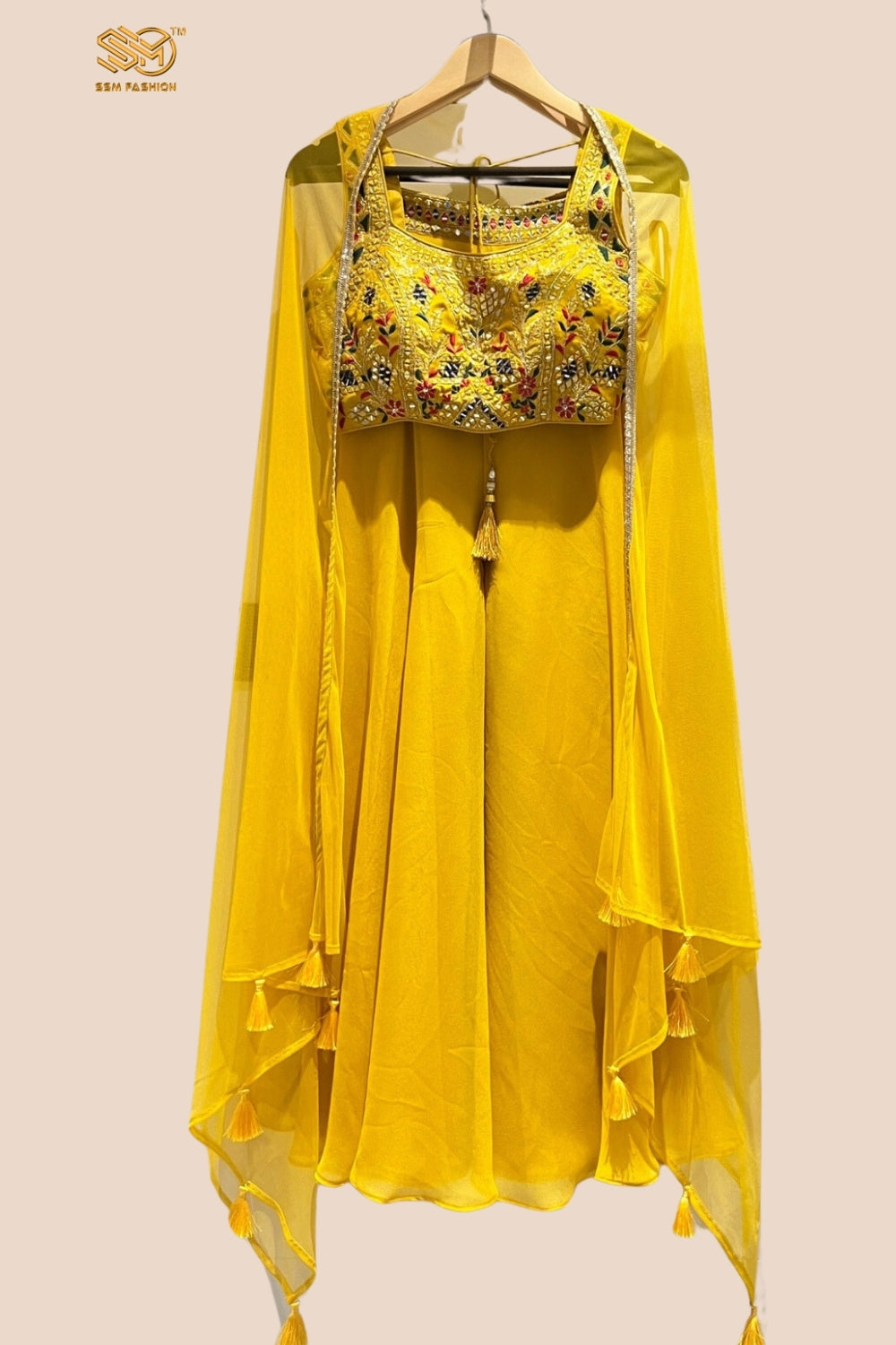 Yellow Indo-Western Stylish Hand Embroidered Cape Set