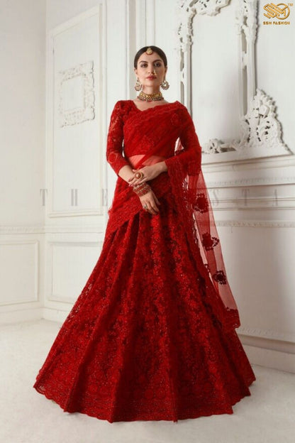 Red Lehenga with Cording Embroidered Blouse