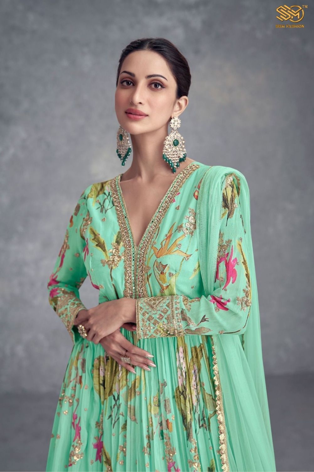 Pale Teal Designer Chinon Silk Printed Mirror Gown with Dupatta