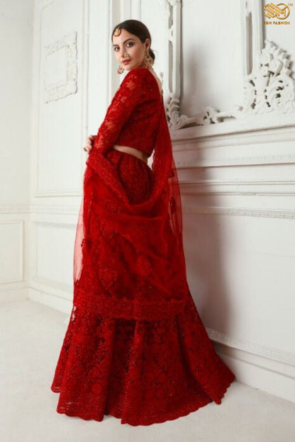 Red Lehenga with Cording Embroidered Blouse