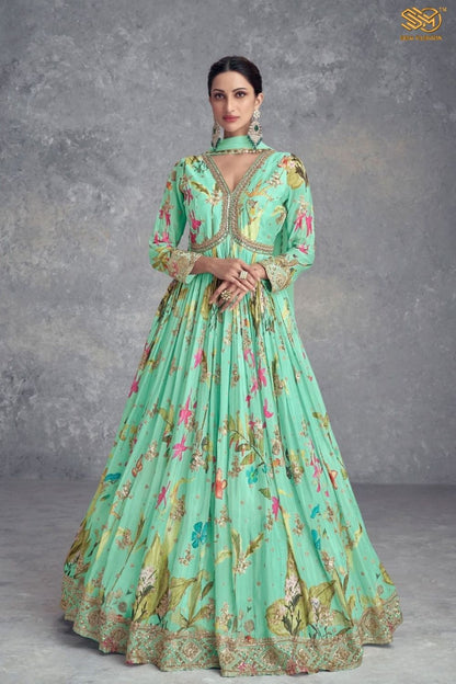 Pale Teal Designer Chinon Silk Printed Mirror Gown with Dupatta