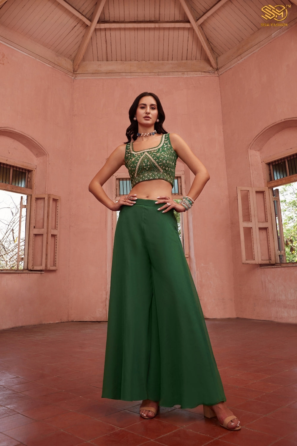 Green Hand Embroidered Georgette Sharara Set