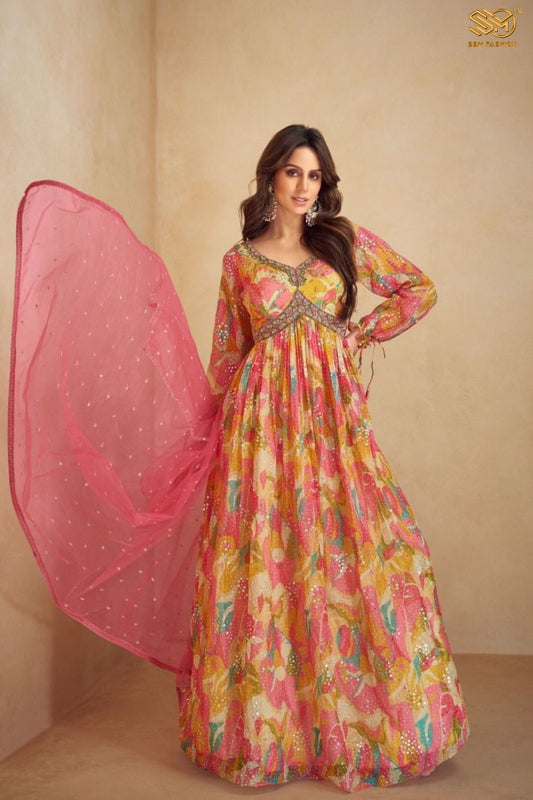 Digital Printed Designer Chinon Silk Gown with Embroidery, Mirror & Hand Work