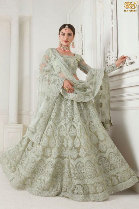 Teal Grey Lehenga with Cording Embroidered Blouse