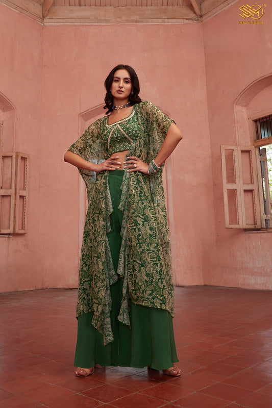 Green Hand Embroidered Georgette Sharara Set