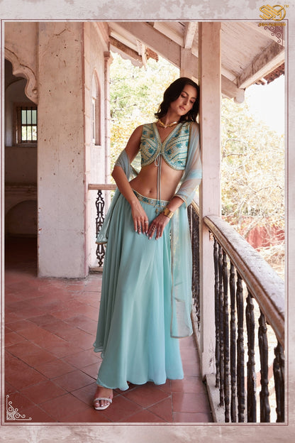 Sky Blue Indo-Western Hand Embroidered Lehenga Set