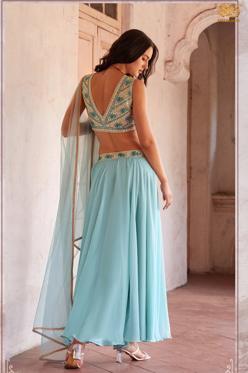 Sky Blue Indo-Western Hand Embroidered Lehenga Set