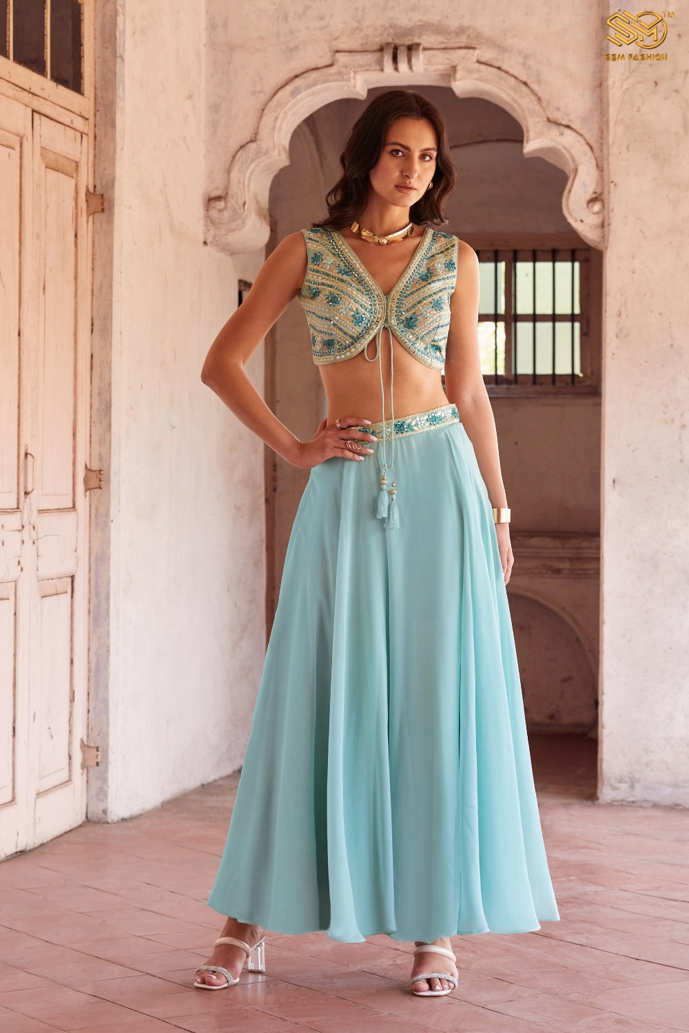 Sky Blue Indo-Western Hand Embroidered Lehenga Set