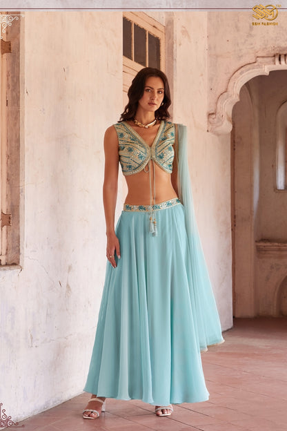 Sky Blue Indo-Western Hand Embroidered Lehenga Set